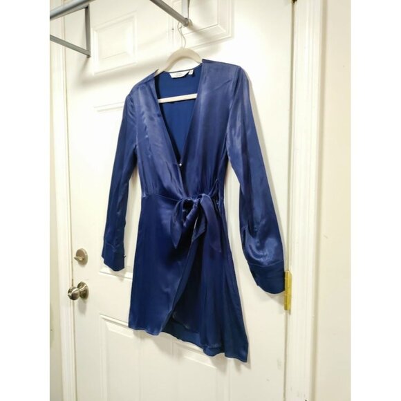 & Other Stories Paris Atelier Blue Satin Wrap Dress Long Sleeve VNeck Tie Waist - Picture 5 of 13